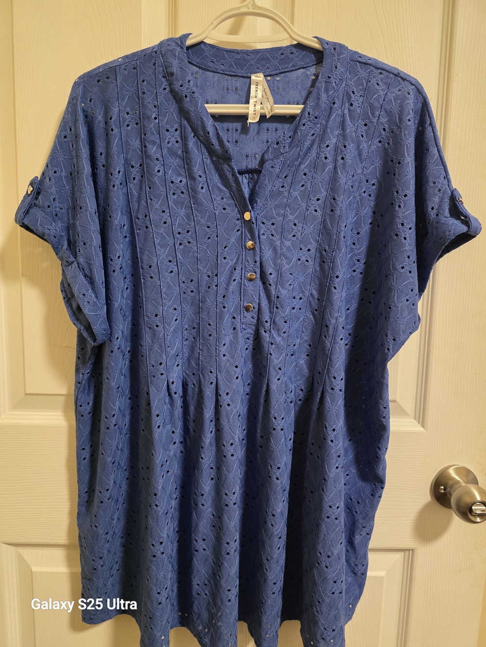 Blue Eyelet V-Neck Women's Top - Lightweight Summer Blouse
